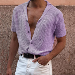 Threebooy Summer Newest Men Short-sleeved Knitted Polo Blouse Tees Cardigan Vintage Casual Lapel Breathable Ice Silk Shirt Sweater T-Shirt