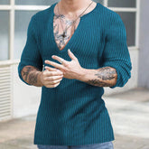 Threebooy Spring Autumn Men Knit Cotton T Shirt Long Sleeve V-neck Loose Casual Pullover Fashion Solid Thin Knited Tops Streetwear Male