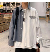 Threebooy Fashion Men Irregular Patchwork Striped Shirt Loose Long Sleeve Tops Spring Autumn Trend Streetwear Handsome Youth Shirts Male