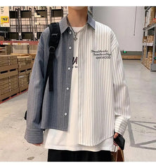 Threebooy Fashion Men Irregular Patchwork Striped Shirt Loose Long Sleeve Tops Spring Autumn Trend Streetwear Handsome Youth Shirts Male
