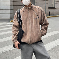 Threebooy 23AW Mens Corduroy Street Stand-Up Collar Cardigan Top Genderless Trend American Fashion Casual Simple Loose Jacket Unisex