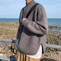 Threebooy Split Fork Solid Color Sweater For Men Half High Neck Long Sleeved Knitted Tops Autumn Winter Fashion Versatile Loose Knitwear