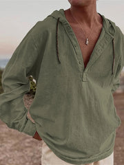 Threebooy Vintage Cotton Linen Hooded Shirt For Men Long Sleeve V Neck Hoodies Tops Fall Casual Loose Shirts Seaside Beach Blouse Clothing