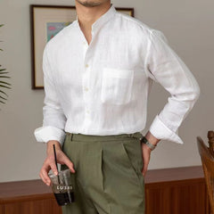 Threebooy Vintage Linen Shirt For Men Summer Thin Breathable Short sleeved Tops Light Luxury Casual Loose Stand Collar Blouse Streetwear