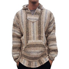 Threebooy Vintage Ethnic Striped Knit Hooded Sweatshirt Men Fall Long Sleeve Big Pocket Hoodies Harajuku Top Pullover Coat Streetwear