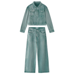 Threebooy American High Street Long-Sleeved Trousers Denim Suit For Men Autumn New Retro Distressed Solid Casual Loose Two-Piece Set