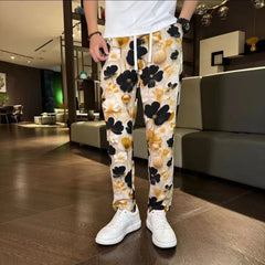 Threebooy Vintage Tie Dye Ink Painting Casual Pants Men Ethnic Style Flower Pattern Lightweight Ice Silk Straight Leg Trousers Summer