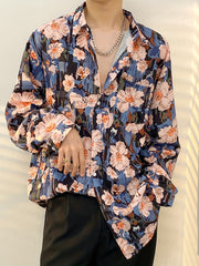 Threebooy Men's Vibrant Floral Button-Up Shirt - Retro & Casual Style, All-Season Polyester Fabric, Ideal for City Walks, Parties, Beach Outings & Anniversaries - Machine Washable, Loose Fit with Long Sleeves, Party Fashion|C