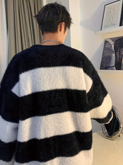 Threebooy Men'S Striped V-Neck Cardigan Sweater, Casual Loose Fit, Warm Knitted Outerwear, Polyester, Button Detail, for Adults, Autumn/Winter Season