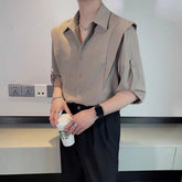 Threebooy Summer Ice Silk Shirt For Men Fashion Casual Three Quarter Sleeve Tops Trendy Vintage Fake Two Shirts Streetwear Advanced Sense