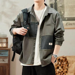 Threebooy American Vintage Denim Shirt For Men Heavy Weight Patchwork Jacket Spring Autumn Trendy Loose Shirts Coat Streetwear Casual Top