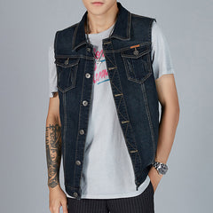 Threebooy Streetwear Men Oversized Denim Vest Sleeveless Turndown Collar Big Pocket Jacket Spring Autumn Fashion Vintage Loose Tank Tops