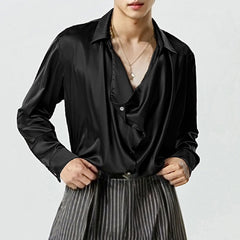 Threebooy French Style Silk Men's Shirt Spring Autumn Commuting Collar long sleeve Tops Streetwear Fashion Lightweight Loose Shirts