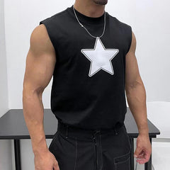 Threebooy Oversized 100% Cotton Star Print Vest Men Sleeveless Profile Loose Tshirt Summer Fitness Muscles Tank Top For 150KG Fat Man
