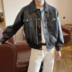 Threebooy Mens Pu Leather Jacket Zipper Motorcycle Pu Jacket Fashion Streetwear Biker Temperament Soft Casual Jacket Men'S Clothing 2024