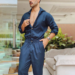 Threebooy Fashion Men Jumpsuits Solid Color Lapel Long Sleeve Casual Cargo Clothes Overalls Male Rompers Streetwear Girdle Waist Siamese
