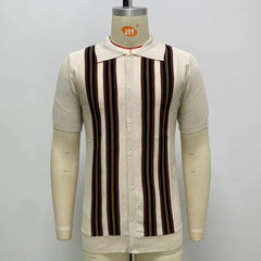 Threebooy Summer Striped Sweater Men Newest Knit Poloshirt Business Casual Cardigan Tees Streetwear Tshirt Top Ice Silk Fabric Polo Blouse