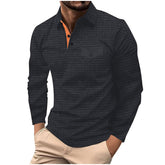 Threebooy Spring Autumn Solid Color Grid Polo Shirt Men Long Sleeve Button Pocket Pullover Top Fashion Casual Sweatshirt Sport Tshirts