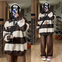 Threebooy Retro Striped Knitted Polo Shirt Men Autumn Winter Thick Contrast Color Sweater Japanese Lazy Style Loose Trendy Knit Tops