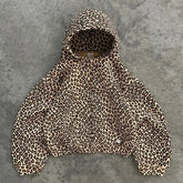 Threebooy 2000s Retro Leopard Print Hooded Sweater American Lined With Plush Winter Warm Zipper Shirt Oversized Unisex Clothing
