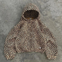 Threebooy 2000s Retro Leopard Print Hooded Sweater American Lined With Plush Winter Warm Zipper Shirt Oversized Unisex Clothing