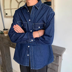 Threebooy American Vintage Men's Denim Shirt Safari Style Double Pocket Lapel Long Sleeve Top Spring Autumn Fashion Streetwear Shirts Male