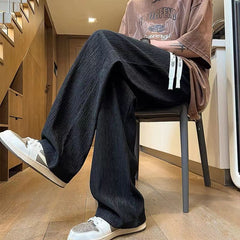 Threebooy Texture Ice Silk Quick Drying Casual Pants Men Drawstring Loose Straight Leg Trousers Summer Fashion Sport Pant Streetwear