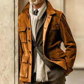 Threebooy Cowhide Suede Jacket For Men Autumn Winter Turndown Collar Multi-pocket Windbreaker American Vintage Casual Coat Streetwear
