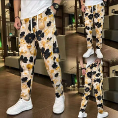 Threebooy Vintage Tie Dye Ink Painting Casual Pants Men Ethnic Style Flower Pattern Lightweight Ice Silk Straight Leg Trousers Summer