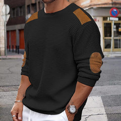 Threebooy Men Patchwork Suede Knit Sweater Slim Fit Long Sleeve O-neck Knitwear Spring Autumn Fashion Knitted Pullover Tops Streetwear