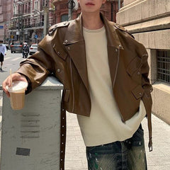 Threebooy American Street Retro Heavy Industry Rivet Motorcycle Leather Jacket Men's Elegant British Jacket Autumn Unisex Short Jacket