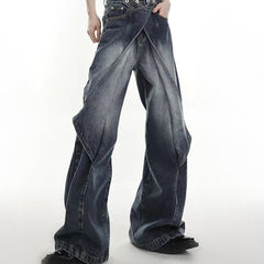 Threebooy Hip Hop American Vintage Jeans Men Heavy Industry Used Wash Denim Pant Deconstruct Cut Design Variable Flared Trousers Unisex