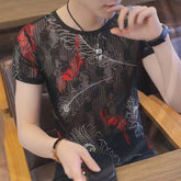 Threebooy Summer New Men Ice Silk Pattern Print Tshirts Short sleeve Ultra-thin Tee Tops Fashion Sexy Hollow Out Elastic Slim Fit T-shirts