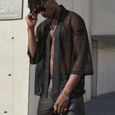Threebooy Mesh See-through Fishnet Mens Shirt Cardigan Fashion Sexy Shawl Nightclub Wear Tops 3/4 Sleeve Camisas Streetwear For Men