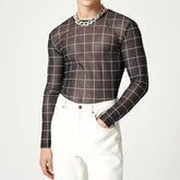 Threebooy Plaid Print Mesh T Shirts Men Slim Fit Long Seeve O-neck Tee Tops Summer Casual Mens Perspective Tight T-shirt Streetwear