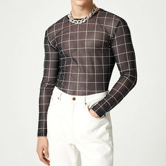 Threebooy Plaid Print Mesh T Shirts Men Slim Fit Long Seeve O-neck Tee Tops Summer Casual Mens Perspective Tight T-shirt Streetwear