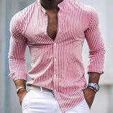 Threebooy Fashion Men's Striped Shirt Spring Autumn Long Sleeve Stand Neck Oversize Loose Tops Casual Youth Shirts Clothing For Mens