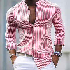 Threebooy Fashion Men's Striped Shirt Spring Autumn Long Sleeve Stand Neck Oversize Loose Tops Casual Youth Shirts Clothing For Mens