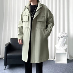 Threebooy Mens Windbreaker Multi-Pocket Workwear Style Jacket Autumn Mid-Length British Simple Long-Sleeved Cape Coat Men'S Clothing 2024