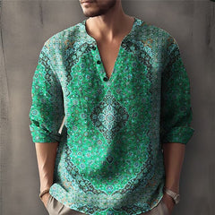 Threebooy Vintag Flower Print Men's Shirt Spring Autumn Long sleeve V-neck Pullover Tops Fashion 3D Pattern Casual Shirts Streetwear