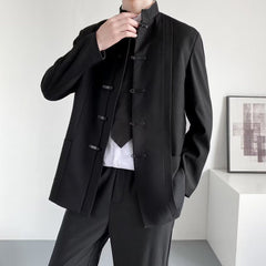 Threebooy Mens Chinese Style Stand Collar Cheongsam Button Suit Genderless Autumn Winter Fashion Trend Business Casual Retro Suit Unisex