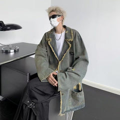 Threebooy American Vintage Denim Coat Men Women Distressed Broken Hole Tassel Tailored Collar Jeans Wear Spring Autumn Loose Long Jacket