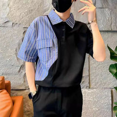 Threebooy Fashion Stripe Patchwork Polo Shirts For Men Short sleeve Tee Tops Summer Trendy Contrast Color Fake Two Polos Tshirts Clothing