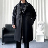 Threebooy Mens Windbreaker Multi-Pocket Workwear Style Jacket Autumn Mid-Length British Simple Long-Sleeved Cape Coat Men'S Clothing 2024