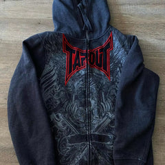 Threebooy 2000s American Tapout Zipper Hoodie Sweatshirt Men Hip Hop Letter Retro Graphic Embroidery Hoodie Jacket Clothes Streetwear