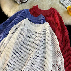 Threebooy Hollow Hole Men Women knitted Tshirts High Street Fashion Loose Long Sleeved Top Autumn Sexy Mesh Knit Sweater Pullover Unisex