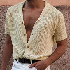Threebooy 2025 summer Men's Knitted Shirt Cool Silk Fabric Short Sleeve Buttons Thin Loose Shirts For Men Vintage Mens Clothing Tops