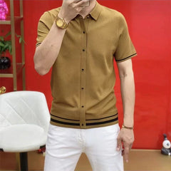 Threebooy Light Lluxury Solid Patchwork Striped Shirt For Men Fashion Square Collar Short Sleeve Cardigan Tops Summer Slim Fit Polo Shirts