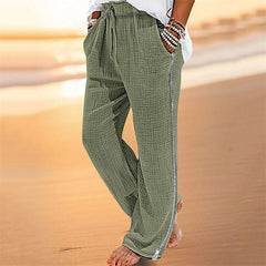 Threebooy Vintage Men Pleated Cotton Linen Casual Pants Drawstring Side Zip Elastic Waist Comfort Breathable Beach Trousers Straight Pants