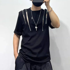 Threebooy Mens Dark Style Hollow Multi-Zipper Splicing T-Shirt 2024 New Genderless Youth Streetwear Personality Irregular Top Unisex